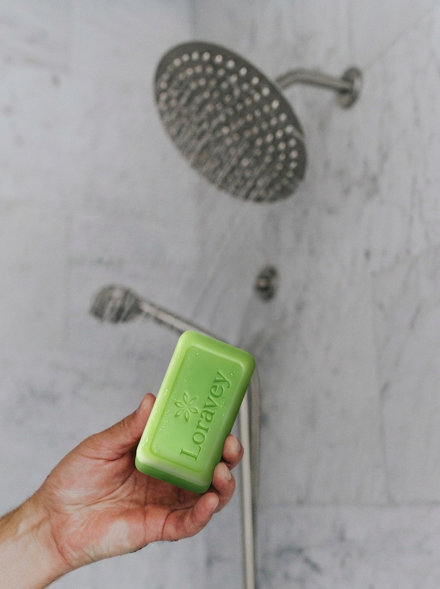 A Loravey soap bar held under a running shower