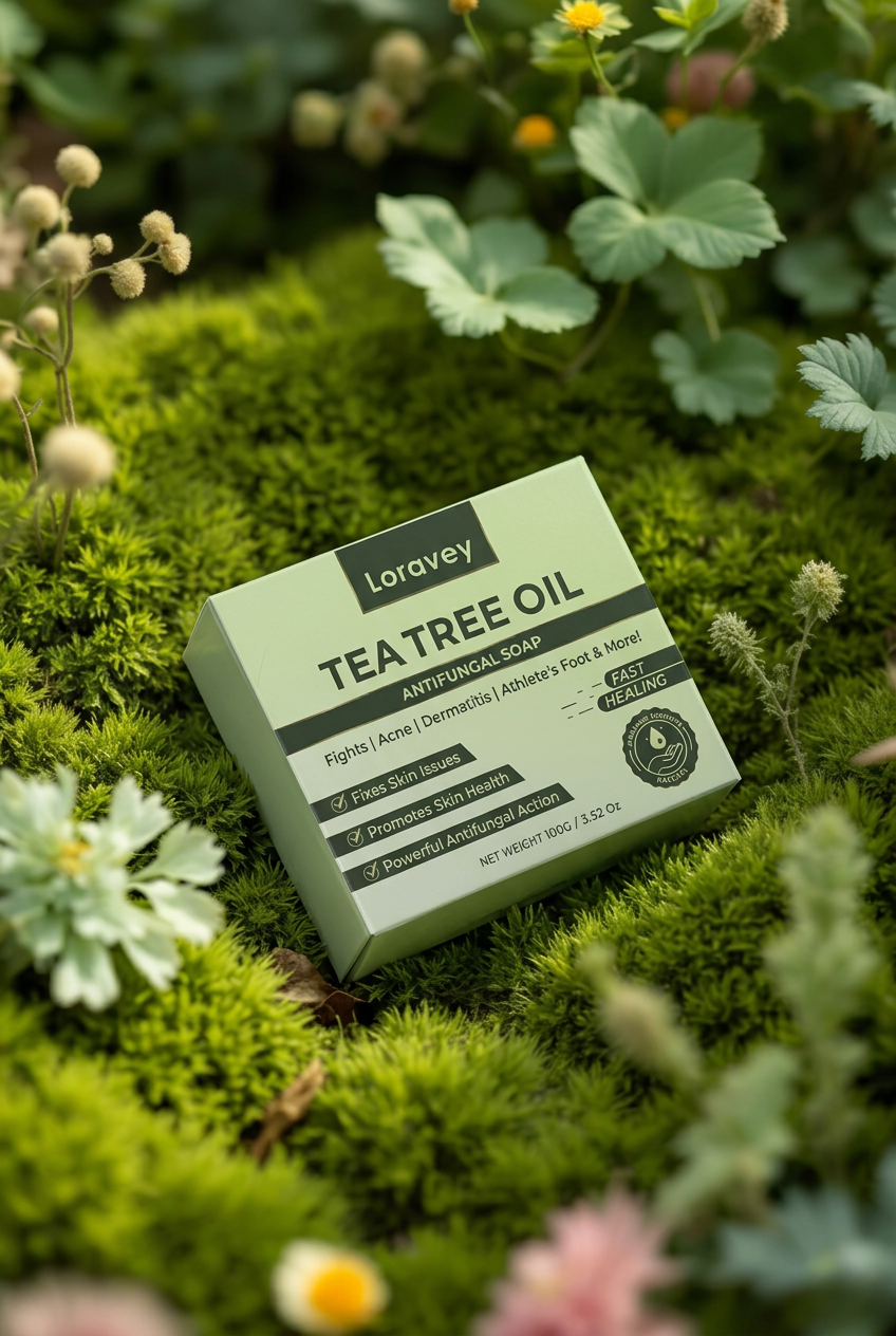 Loravey Tea Tree Oil antifungal soap box on moss