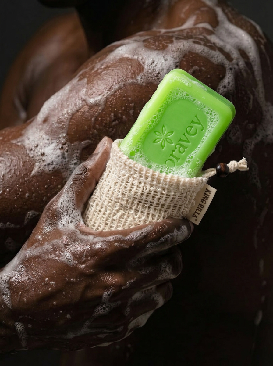 Loravey soap lathered in an exfoliating pouch
