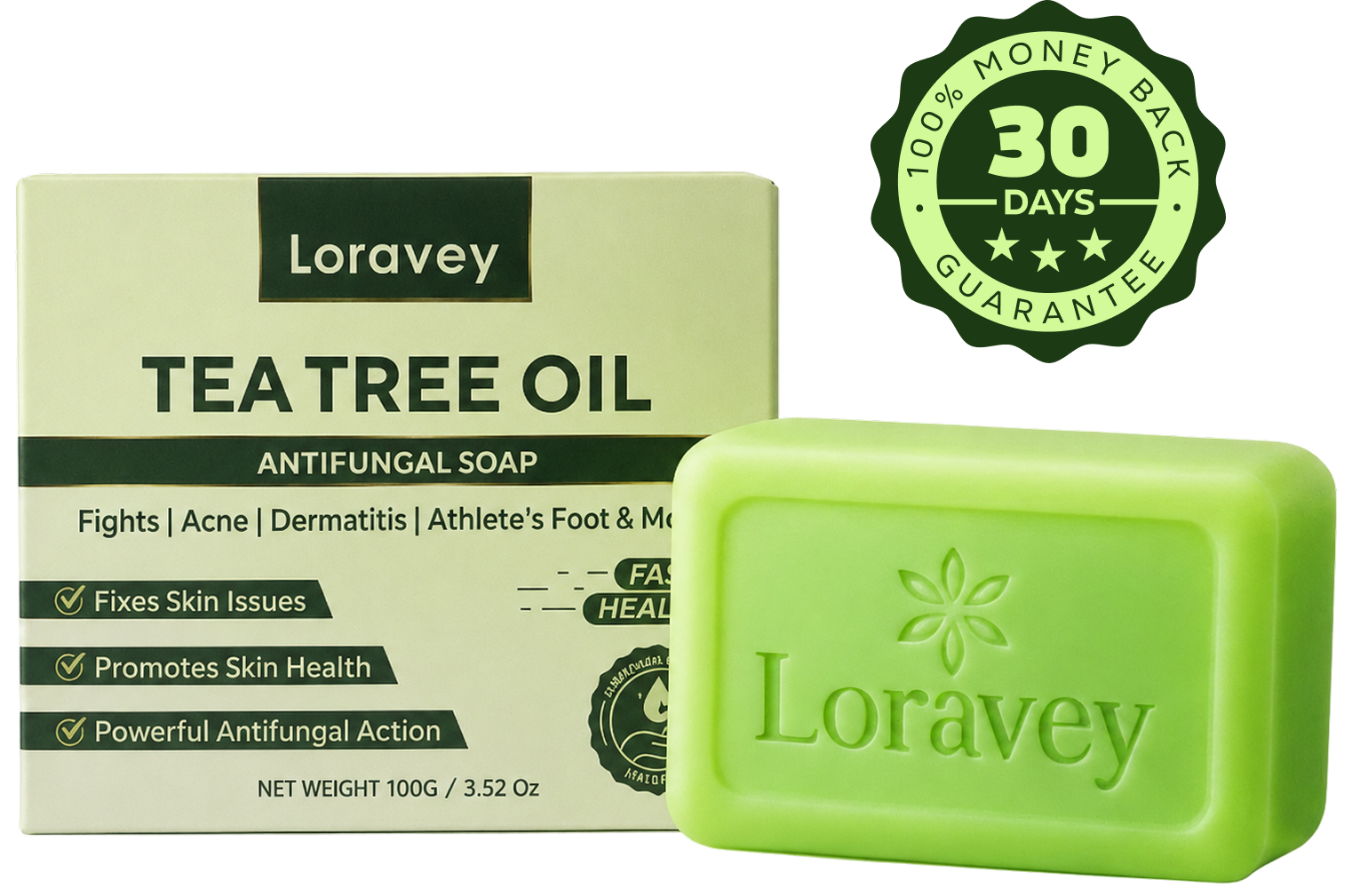 Loravey antifungal soap bar and carton with a 30-day money-back seal