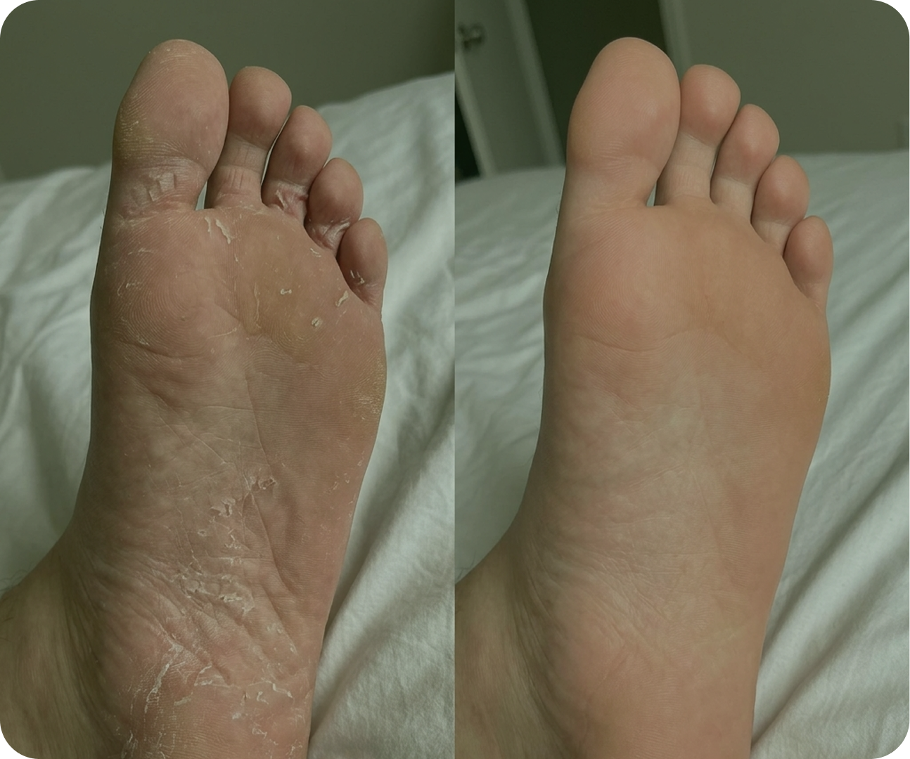 Before and after photos of a customer's feet