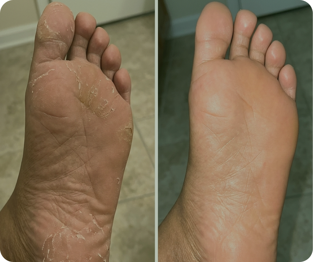 Before and after photos of a customer's soles