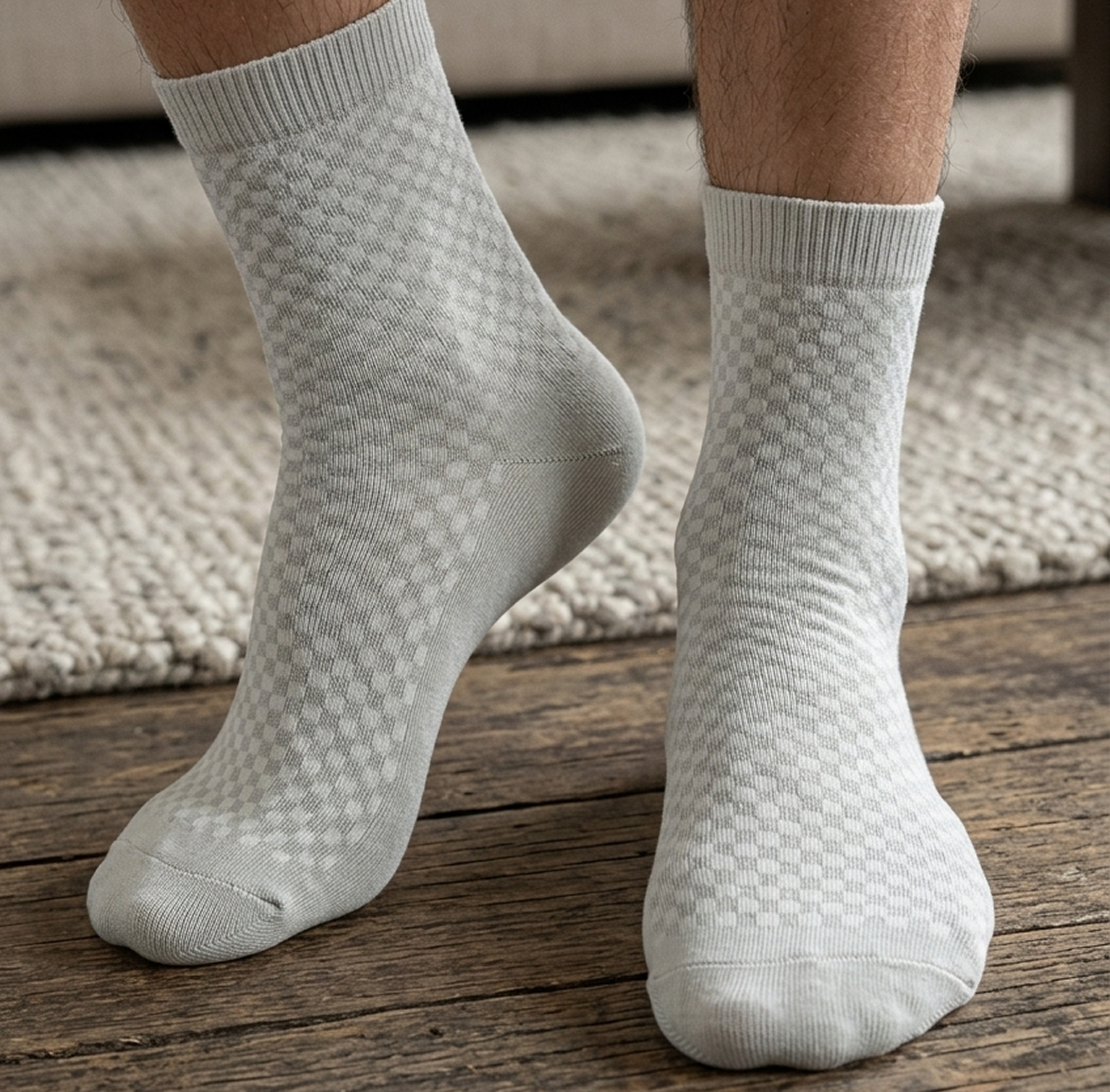 Feet wearing Loravey antibacterial bamboo socks on a wooden floor