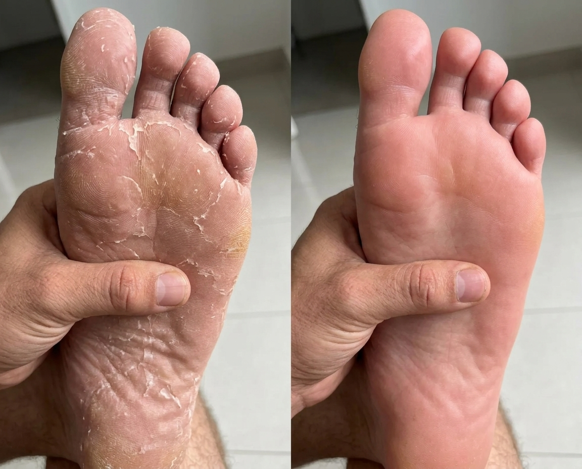 Before and after photos of a customer's soles