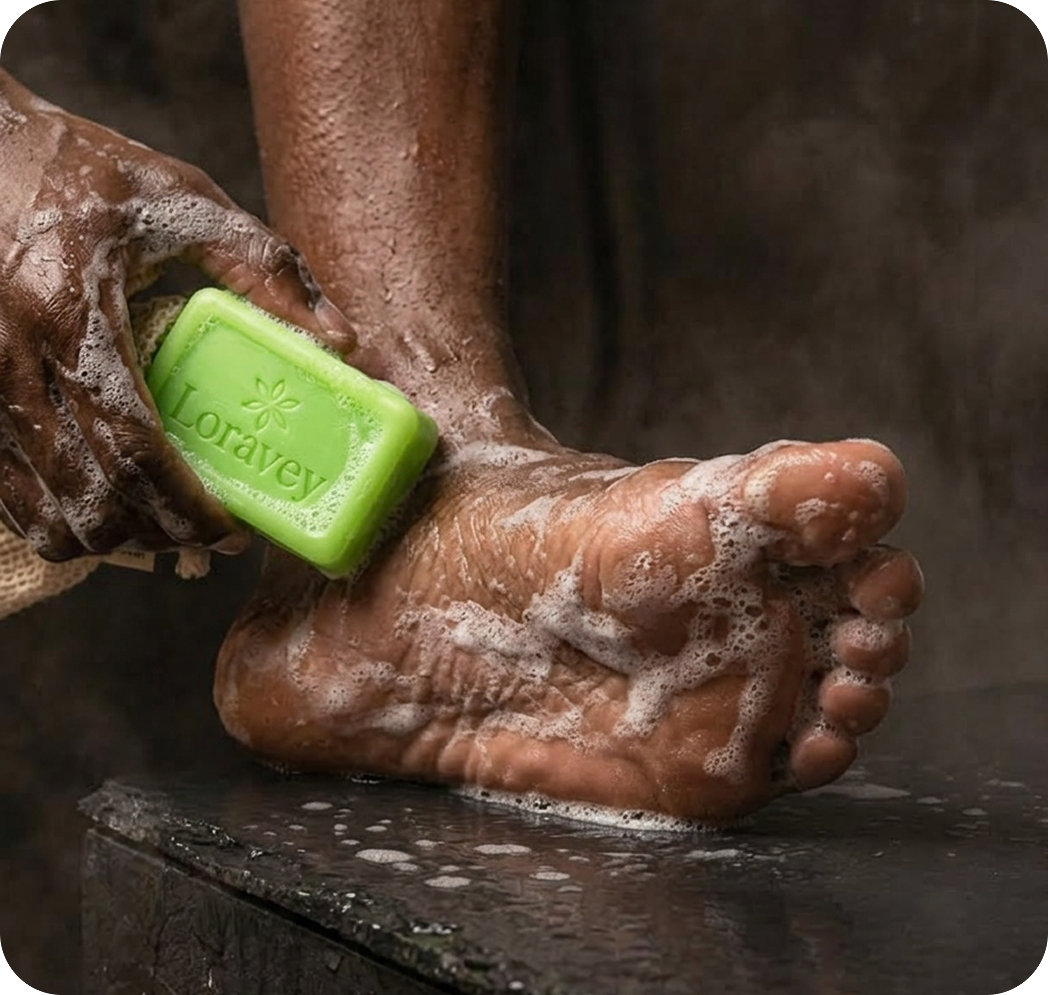 Loravey soap bar lathered over a foot in the shower