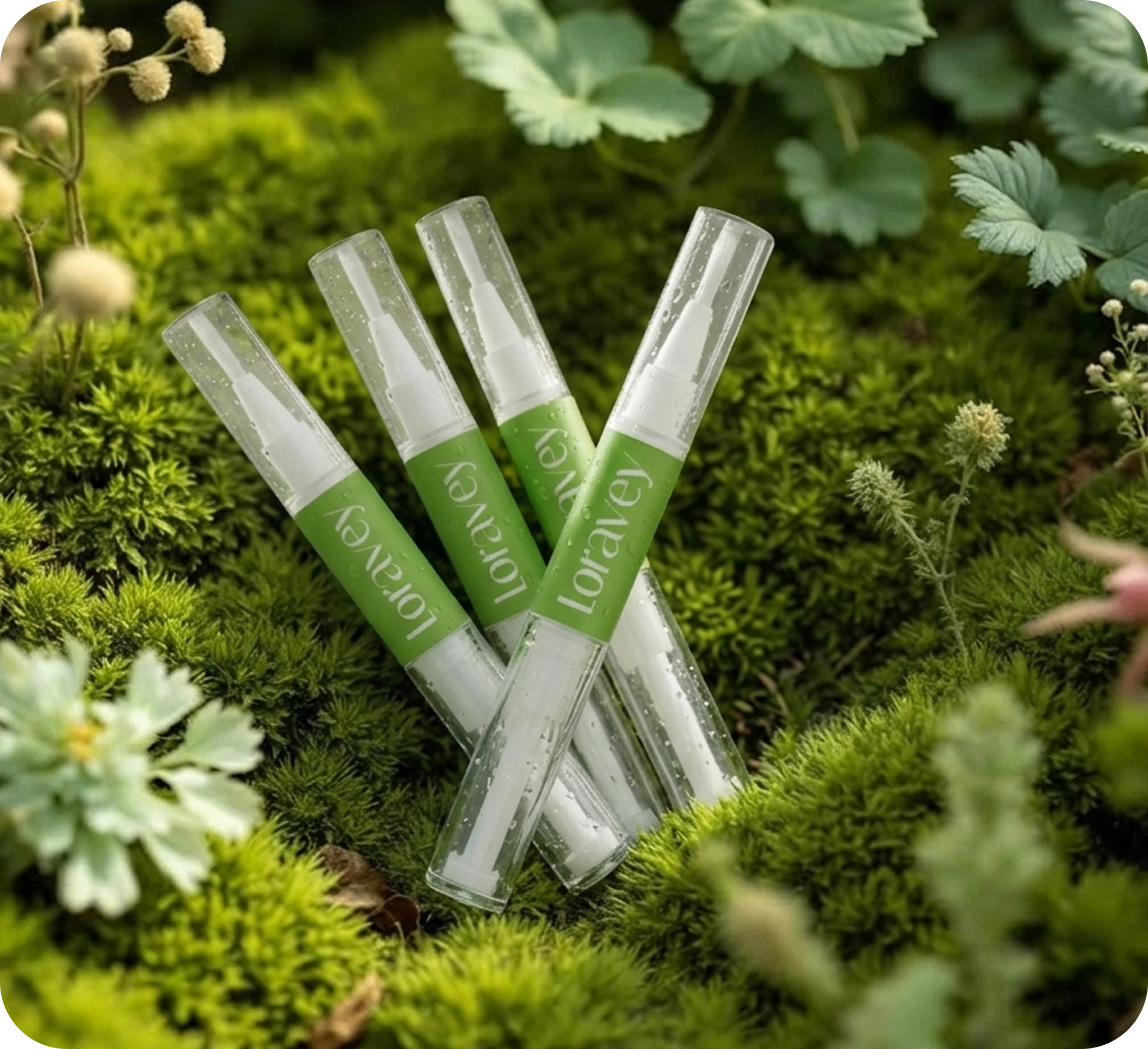 Loravey Nail Care Pens resting on moss