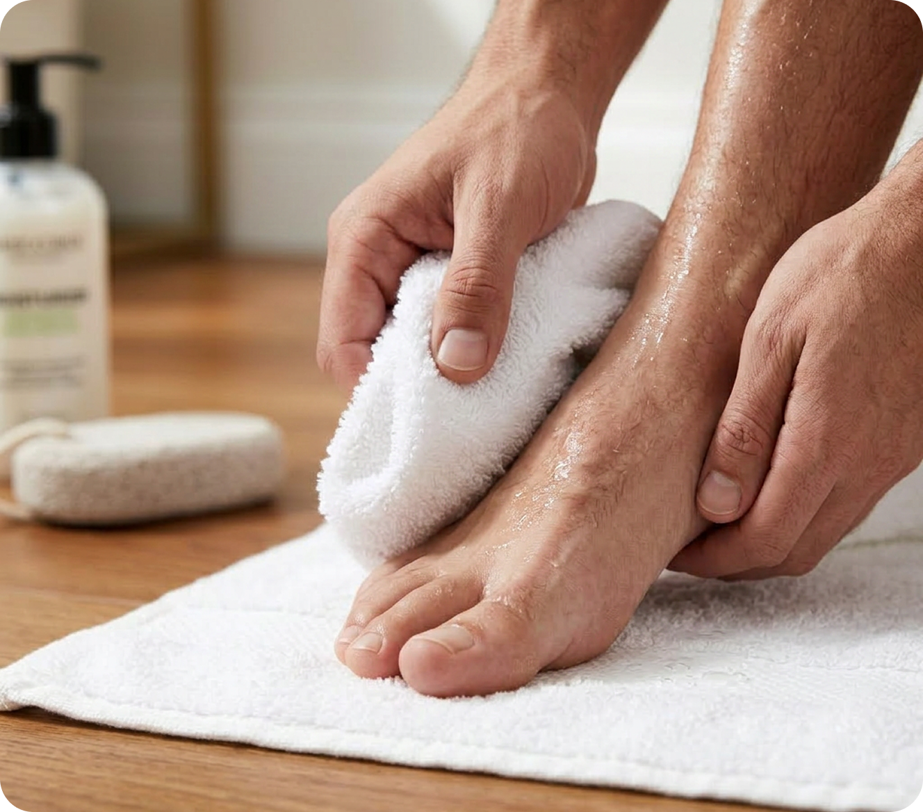 Drying a foot with a towel before applying the pen