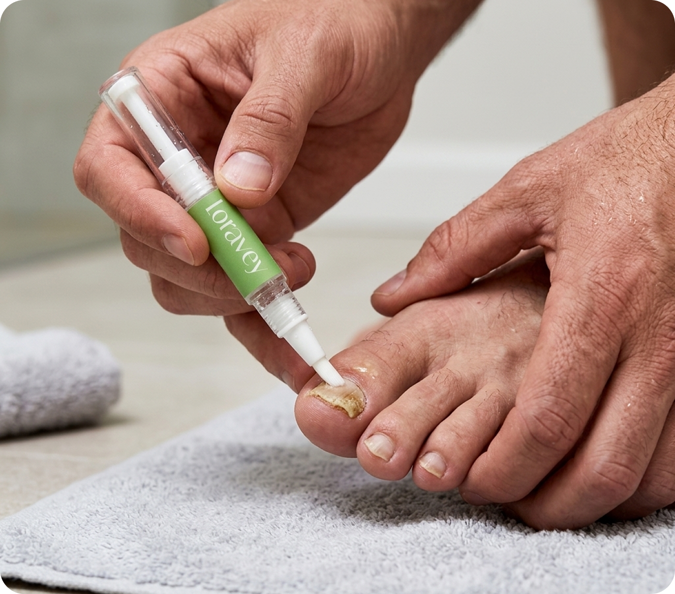 Applying the Loravey Nail Care Pen to a toenail
