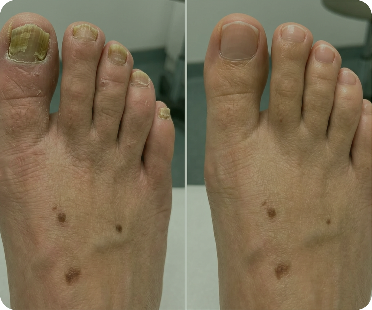 Before and after photos of a customer's foot
