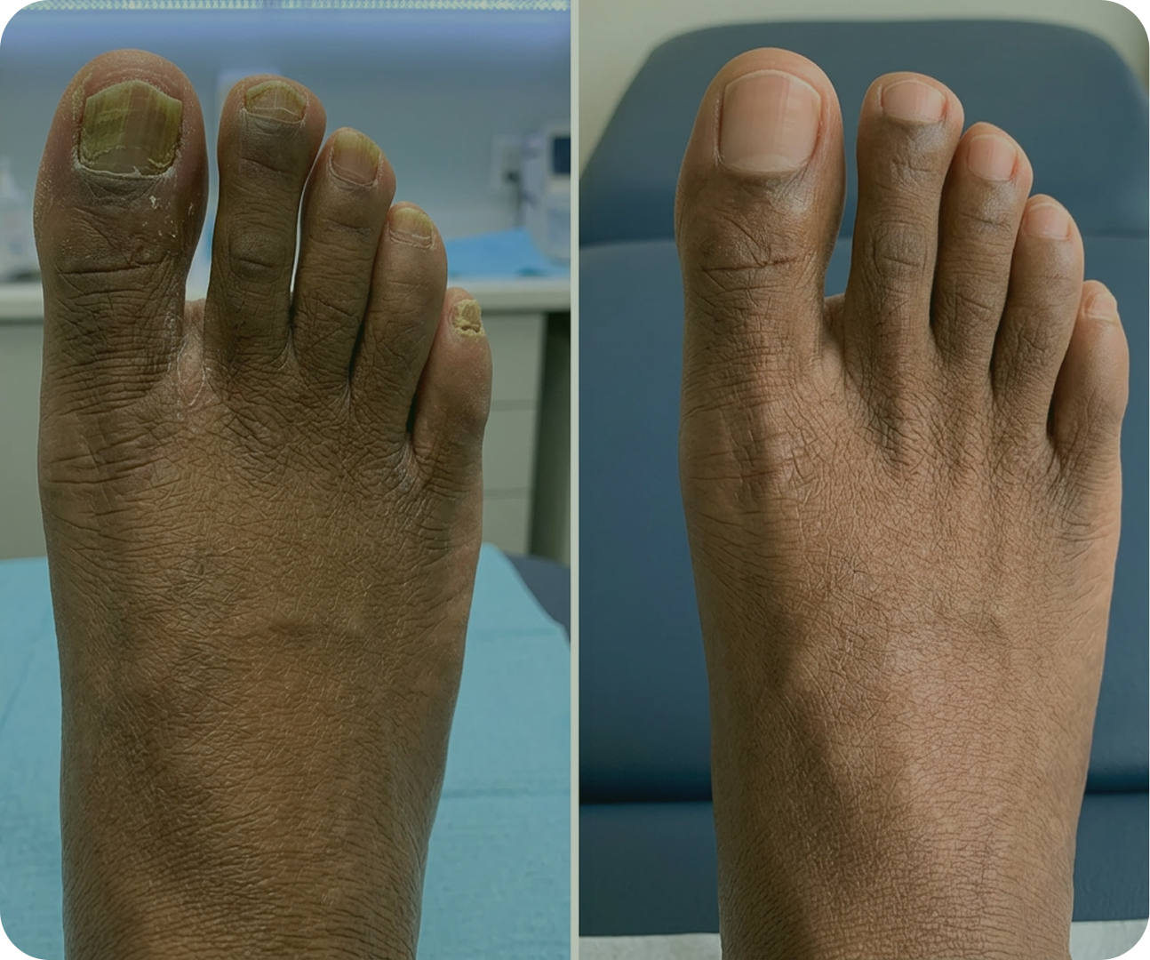 Before and after photos of a customer's toenails